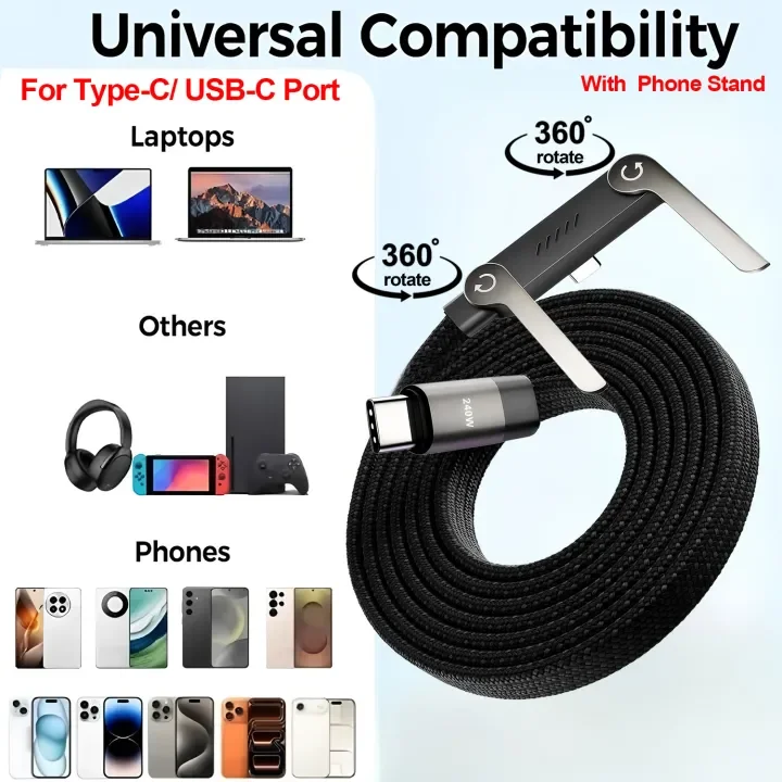 ⚡📱 CÂBLE USB-C ROTATIF 240 W AVEC SUPPORT TÉLÉPHONE – CHARGEZ ET UTILISEZ VOTRE MOBILE EN TOUTE LIBERTÉ ! 🔥