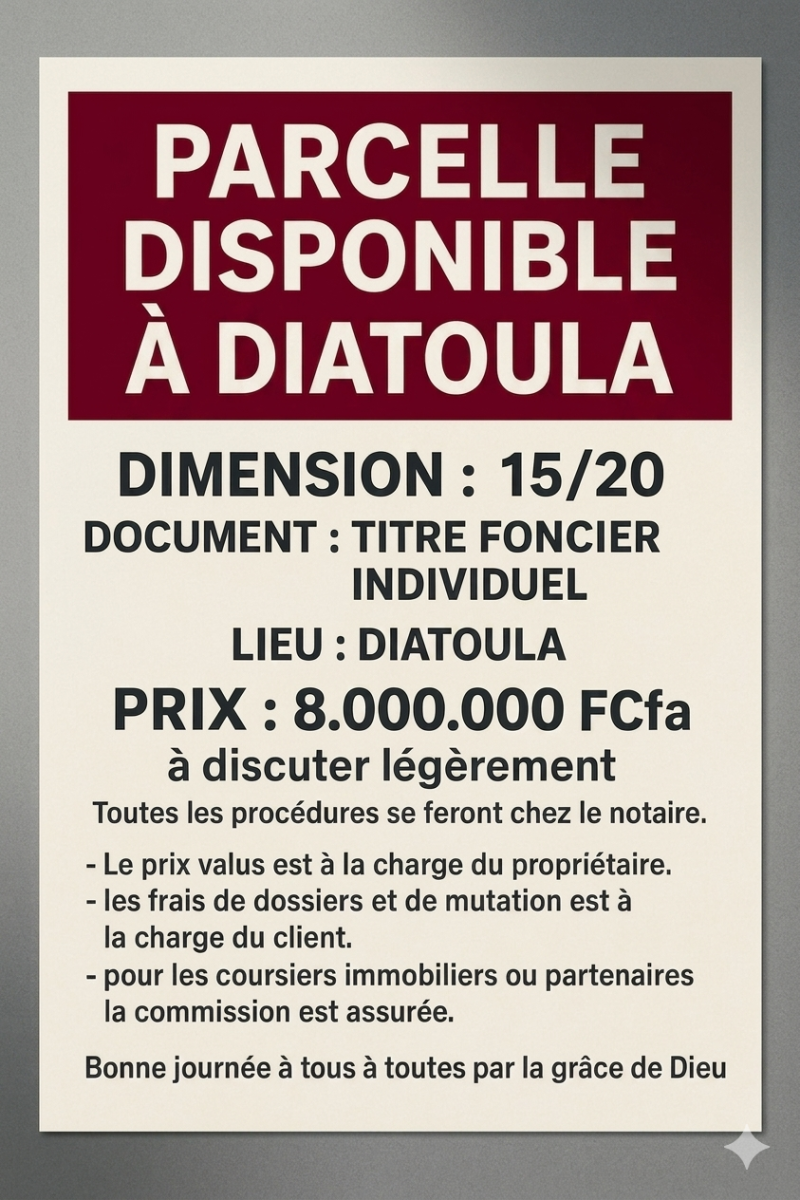 Parcelle disponible en Tf à Diatoula-Cité