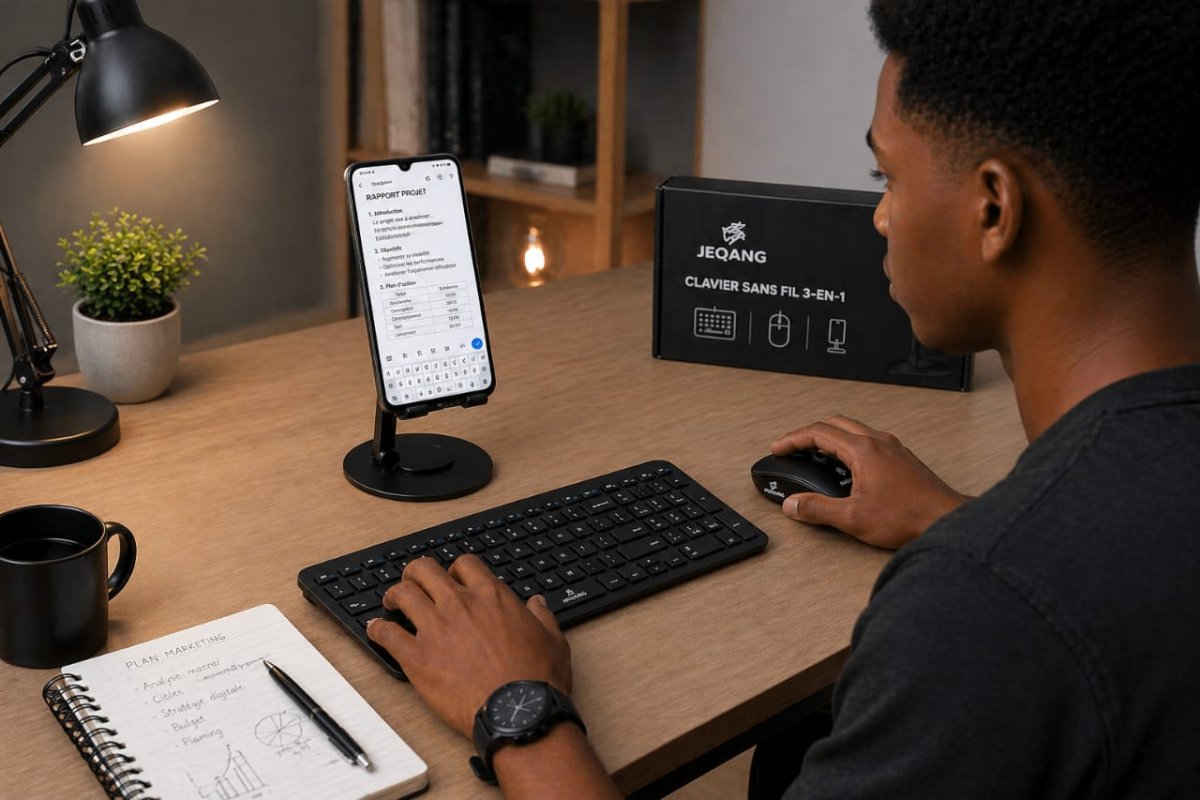 PACK 3 EN 1 – CLAVIER + SOURIS + SUPPORT TÉLÉPHONE