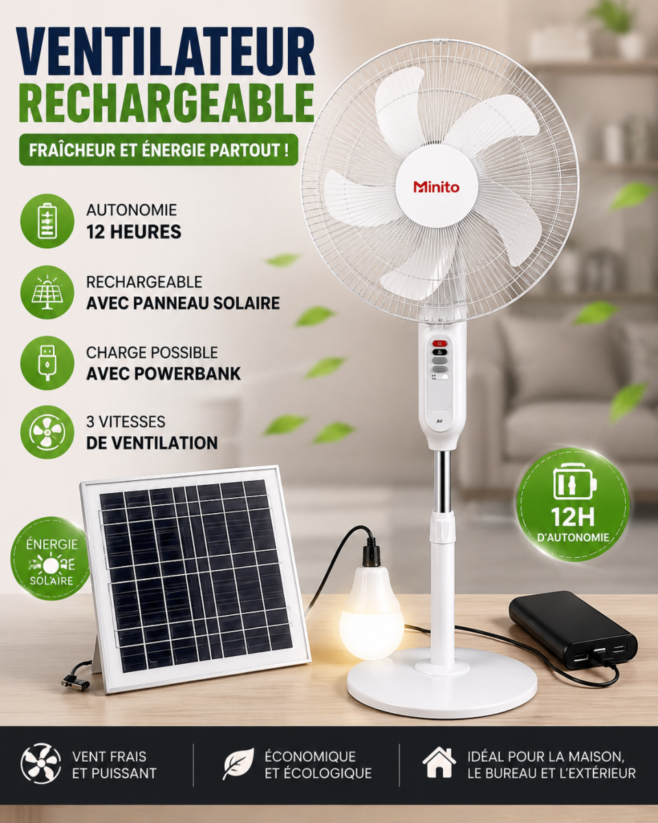 Ventilateur Minito rechargeable avec panneau