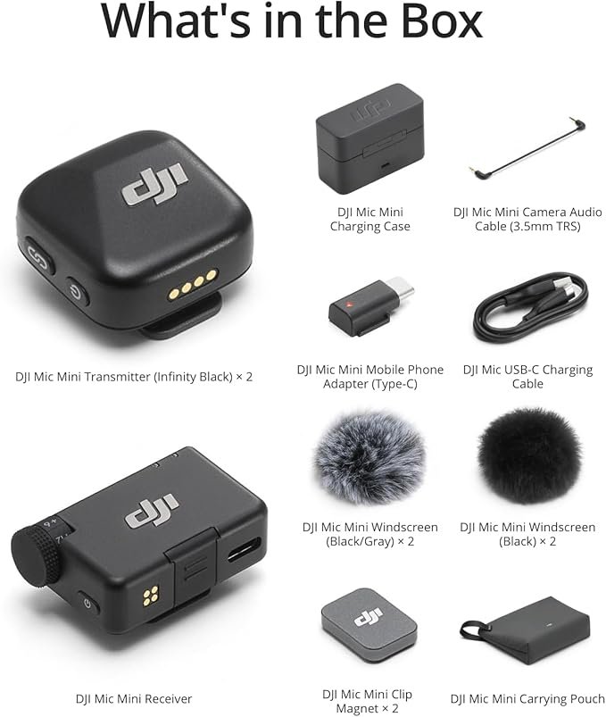 Kit micro-cravate sans fil DJI Mic Mini (2 émetteurs + 1 récepteur + étui de chargement), ultraléger, autonomie de 48 heures, garantie CPS renforcée de 2 ans, 2 micros-cravates Deco Gear et étui EVA de 18 cm.