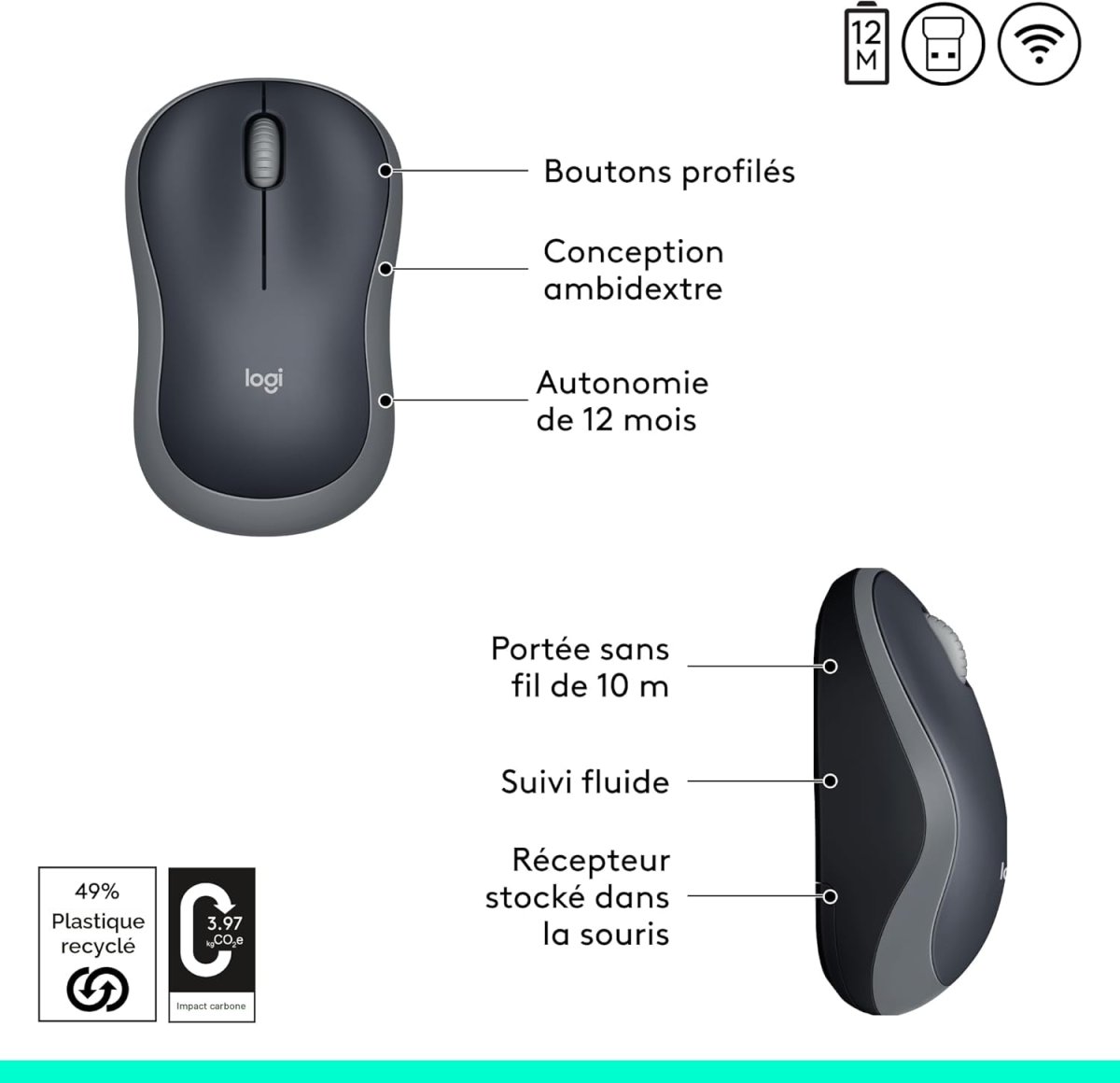 Logitech M185 Souris sans Fil, 2.4 GHz avec Mini Récepteur USB, Longévité de la Pile 12 Mois, Résolution du Capteur 1000 PPP, Ambidextre, Compatible PC, Mac...