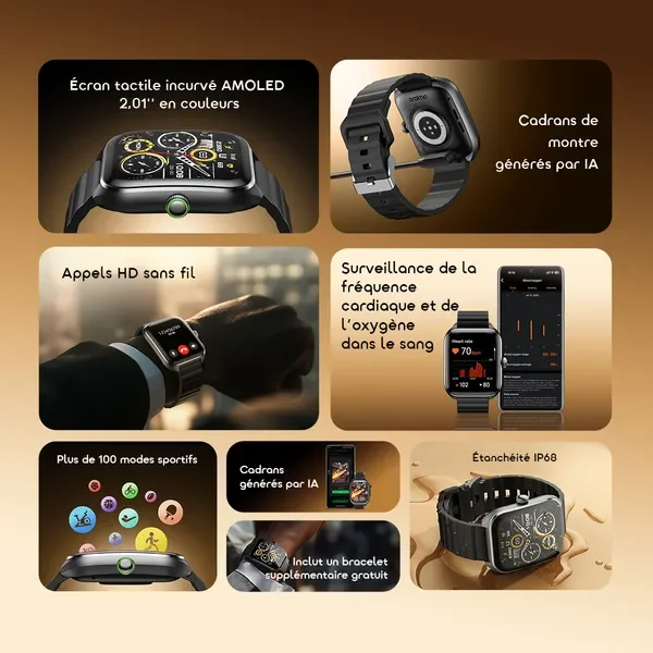 oraimo Watch Nova 2 Montre connectée à écran tactile incurvé AMOLED IP68 de 2,01 pouces
