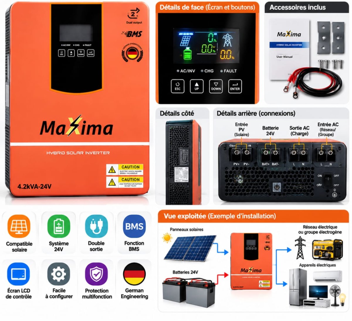 CONVERTISSEUR HYBRIDE SOLAIRE MAXIMA - 4,2KVA/24V