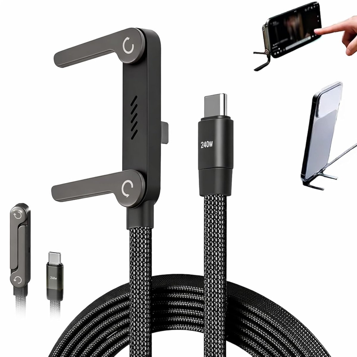 ⚡📱 CÂBLE USB-C ROTATIF 240 W AVEC SUPPORT TÉLÉPHONE – CHARGEZ ET UTILISEZ VOTRE MOBILE EN TOUTE LIBERTÉ ! 🔥