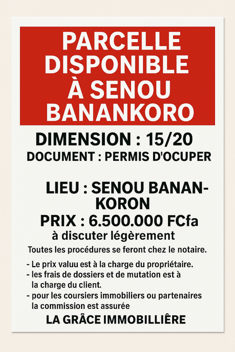 Parcelle ( Terrain)disponible à Senou Banankoro