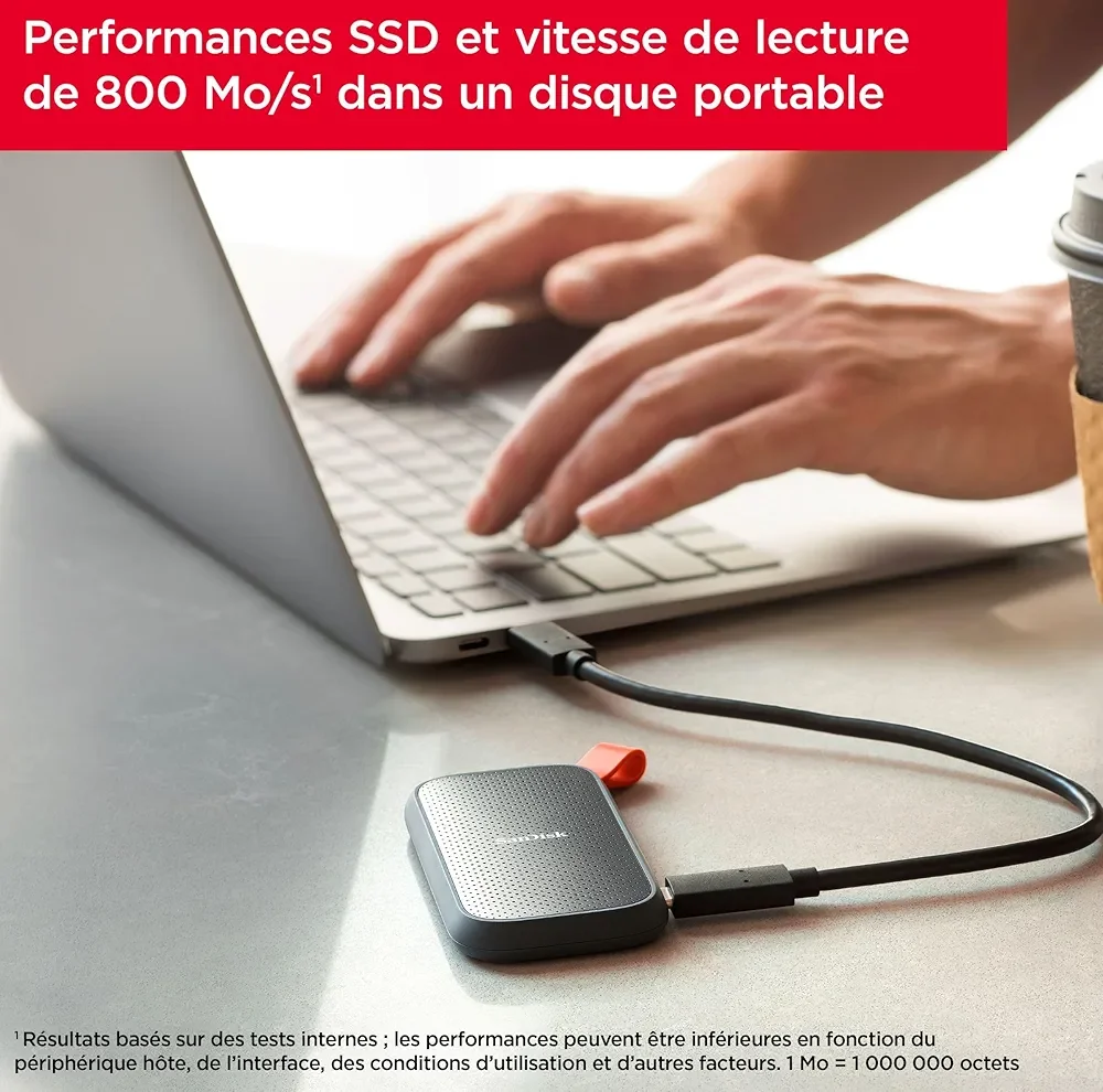 SanDisk Portable SSD 1 To (Disque SSD Externe, Portable SSD, des vitesses allant jusqu'à 800 Mo/s, Disque NVMe SSD, Robust SSD, Crochet en caoutchouc robuste, Updated Firmware)