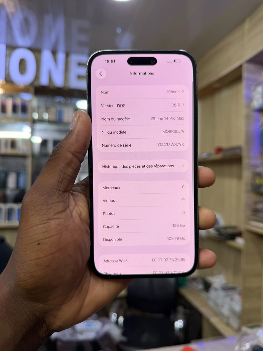 iPhone 📱 14Pro Max 128gb 2SIM Batterie état : 100% impeccable  Aucun défaut très propre ✨👌  *Prix 🏷️ 220.000F*