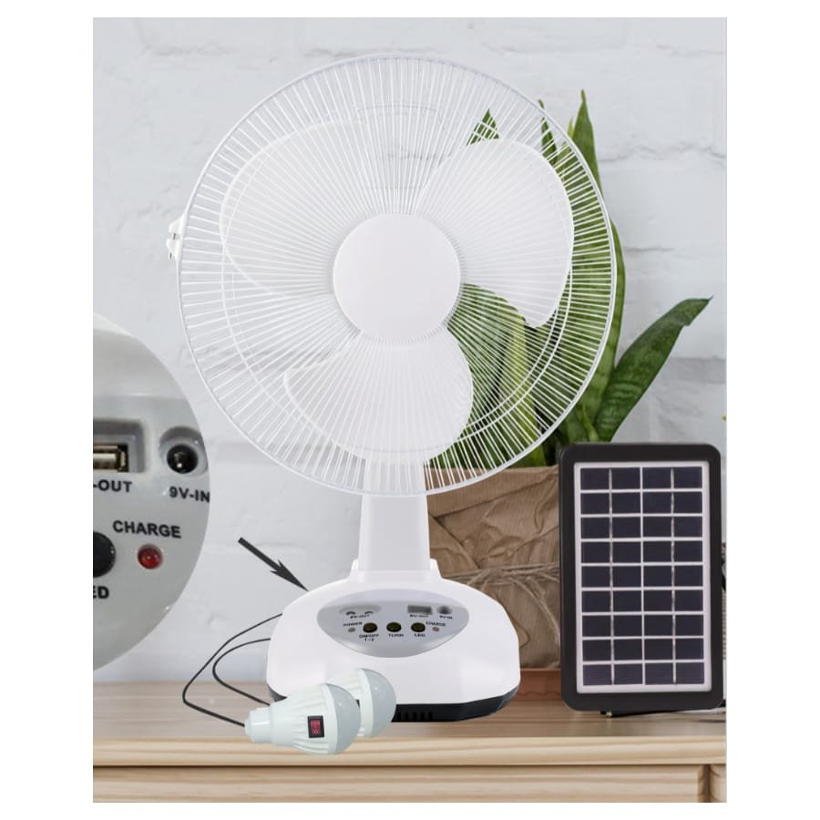 🔌 Ventilateur Rechargeable Solaire 12 pouces + 2 Ampoules 🔋 Autonomie : jusqu’à 8 heures ☀️ Recharge : solaire + courant + power bank