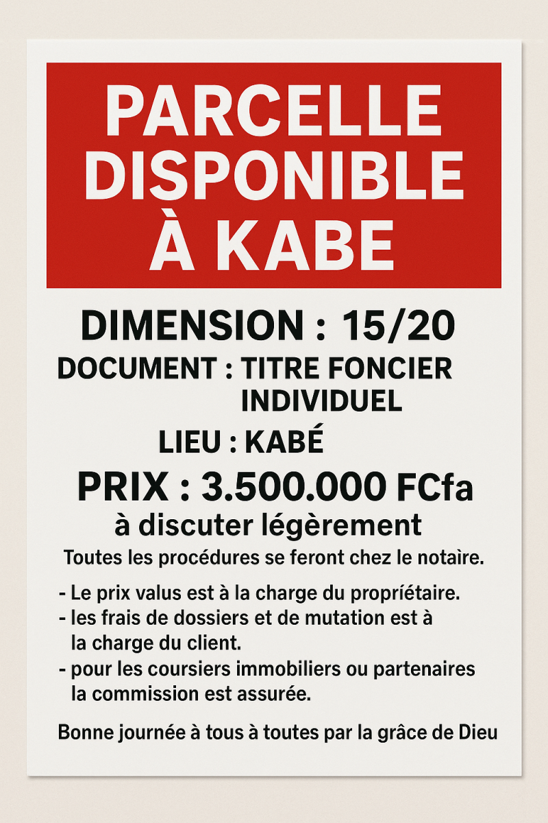 Parcelle disponible à Kabe
