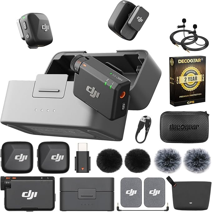 Kit micro-cravate sans fil DJI Mic Mini (2 émetteurs + 1 récepteur + étui de chargement), ultraléger, autonomie de 48 heures, garantie CPS renforcée de 2 ans, 2 micros-cravates Deco Gear et étui EVA de 18 cm.