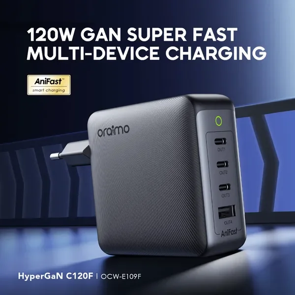 Chargeur USB C 120W, oraimo Chargeur Mural avec 4 Ports（HyperGaN, Chargeur Secteur USB C pour MacBook Pro/Air, iPad Pro, Galaxy S22/S21, Dell XPS 13, Note 20/10+, iPhone 13/Pro, Pixel et Plus