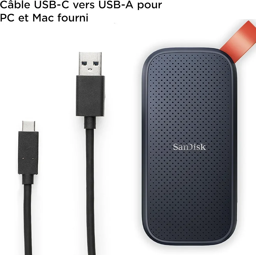 SanDisk Portable SSD 1 To (Disque SSD Externe, Portable SSD, des vitesses allant jusqu'à 800 Mo/s, Disque NVMe SSD, Robust SSD, Crochet en caoutchouc robuste, Updated Firmware)