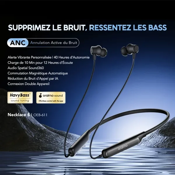 Oraimo Necklace 5 Écouteurs avec réduction de bruit de 30 dB et vibration lors des appels