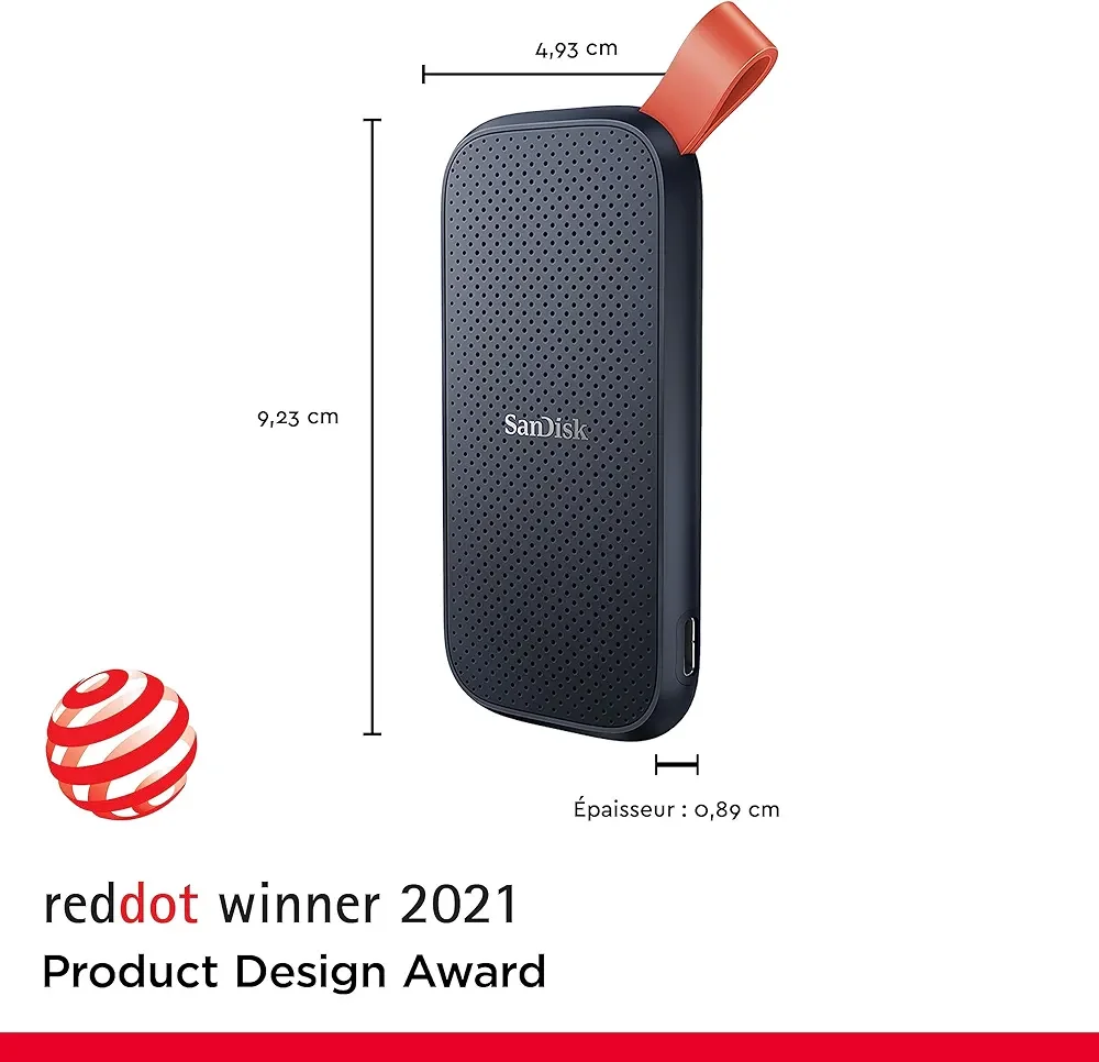 SanDisk Portable SSD 1 To (Disque SSD Externe, Portable SSD, des vitesses allant jusqu'à 800 Mo/s, Disque NVMe SSD, Robust SSD, Crochet en caoutchouc robuste, Updated Firmware)